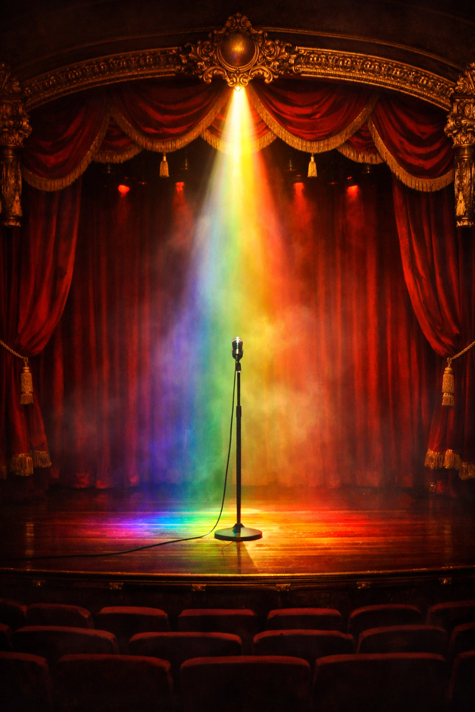 Empty Broadway theatre stage with spotlight representing LGBTQ+ impact on performing arts
