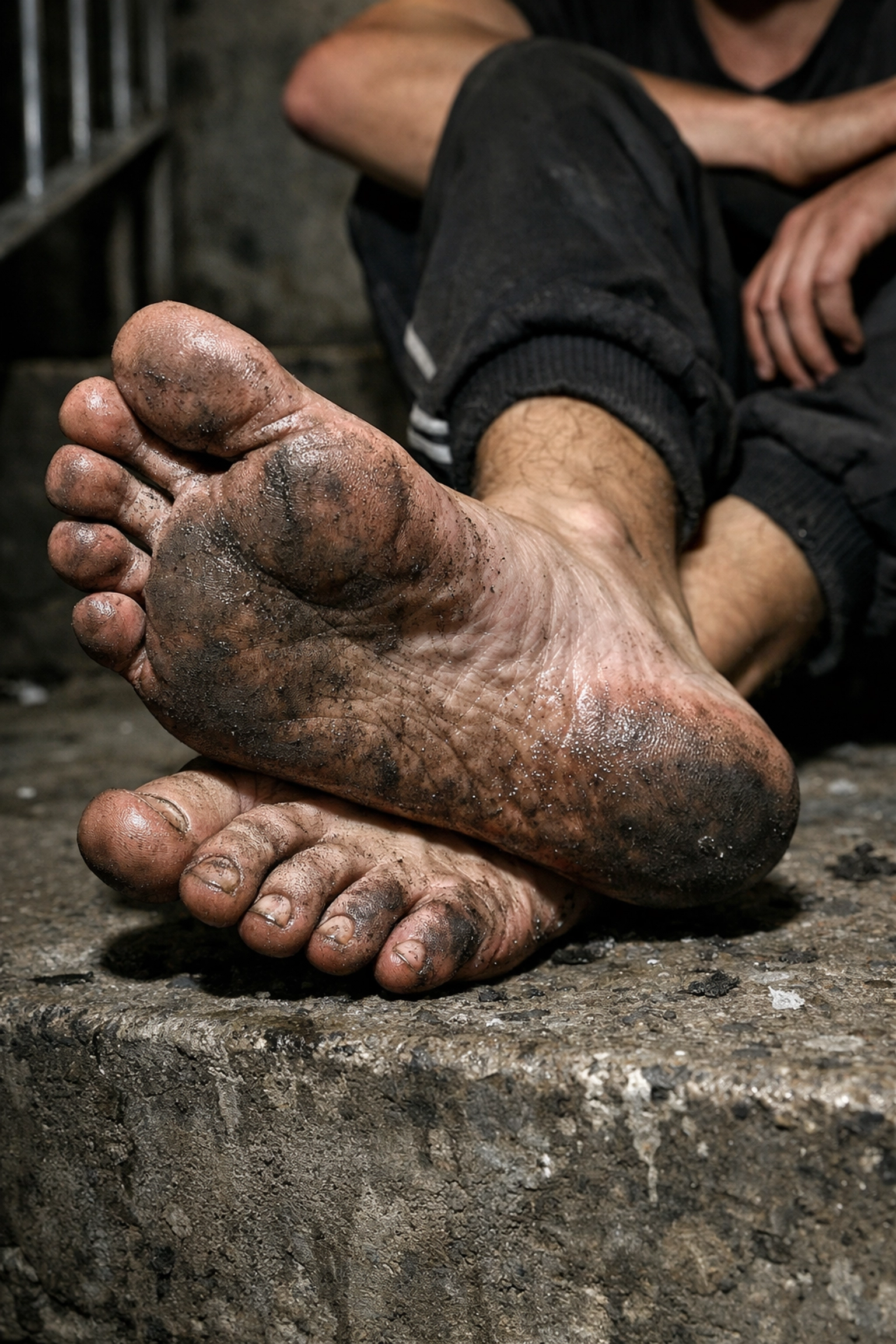 Dirty soles and sweaty scally feet on concrete representing a raw british male foot fetish.