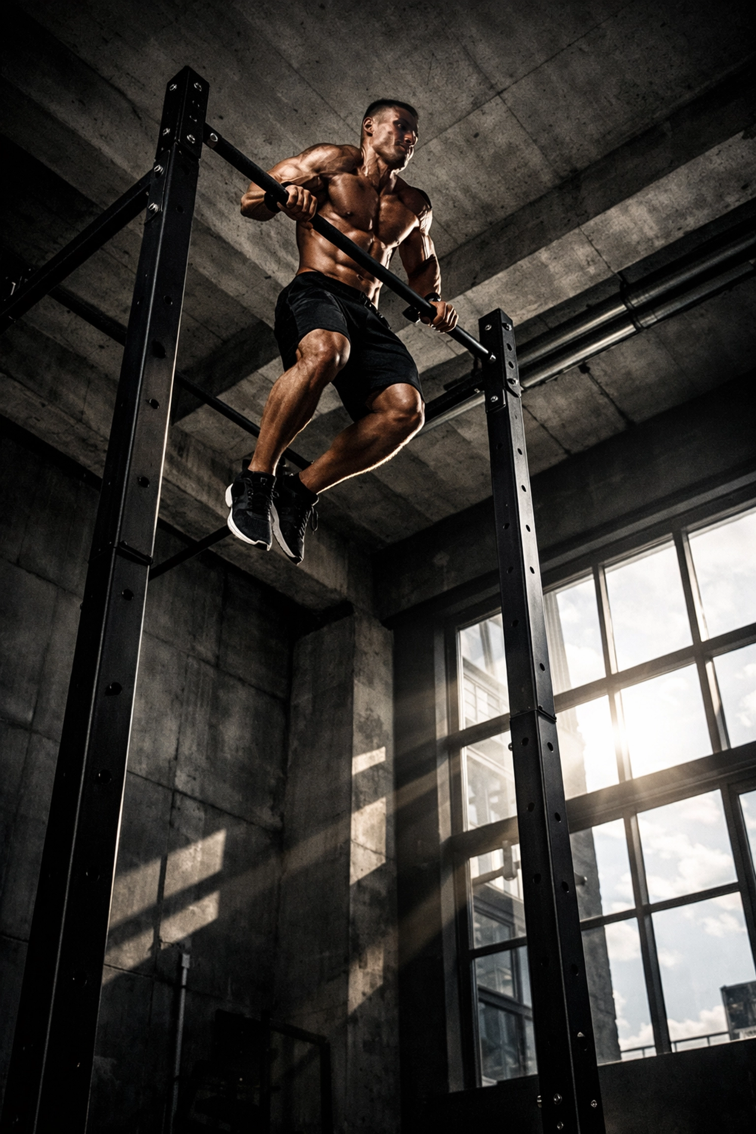 Athlete doing a muscle-up on a Bold Body Fitness floor to ceiling gym system for home calisthenics.