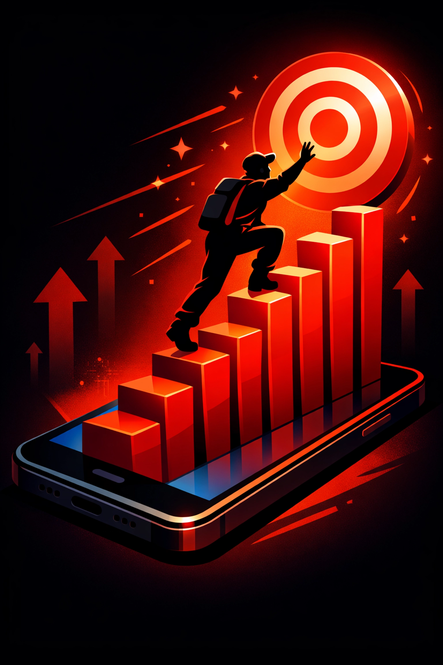 A smartphone displaying a growth chart and target for trade business lead generation.