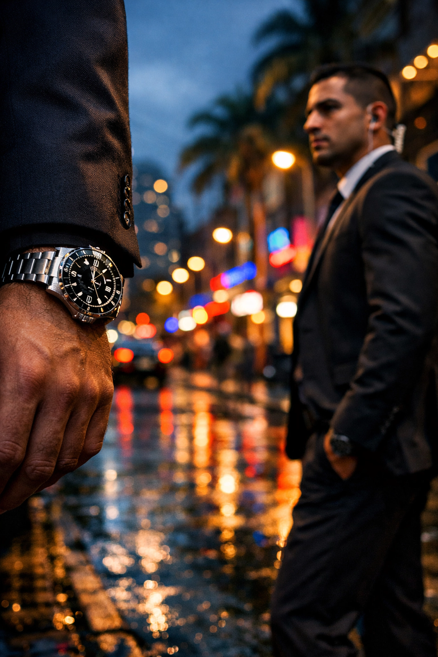 Private security in Medellin providing executive protection for a high-value client on a busy city street.