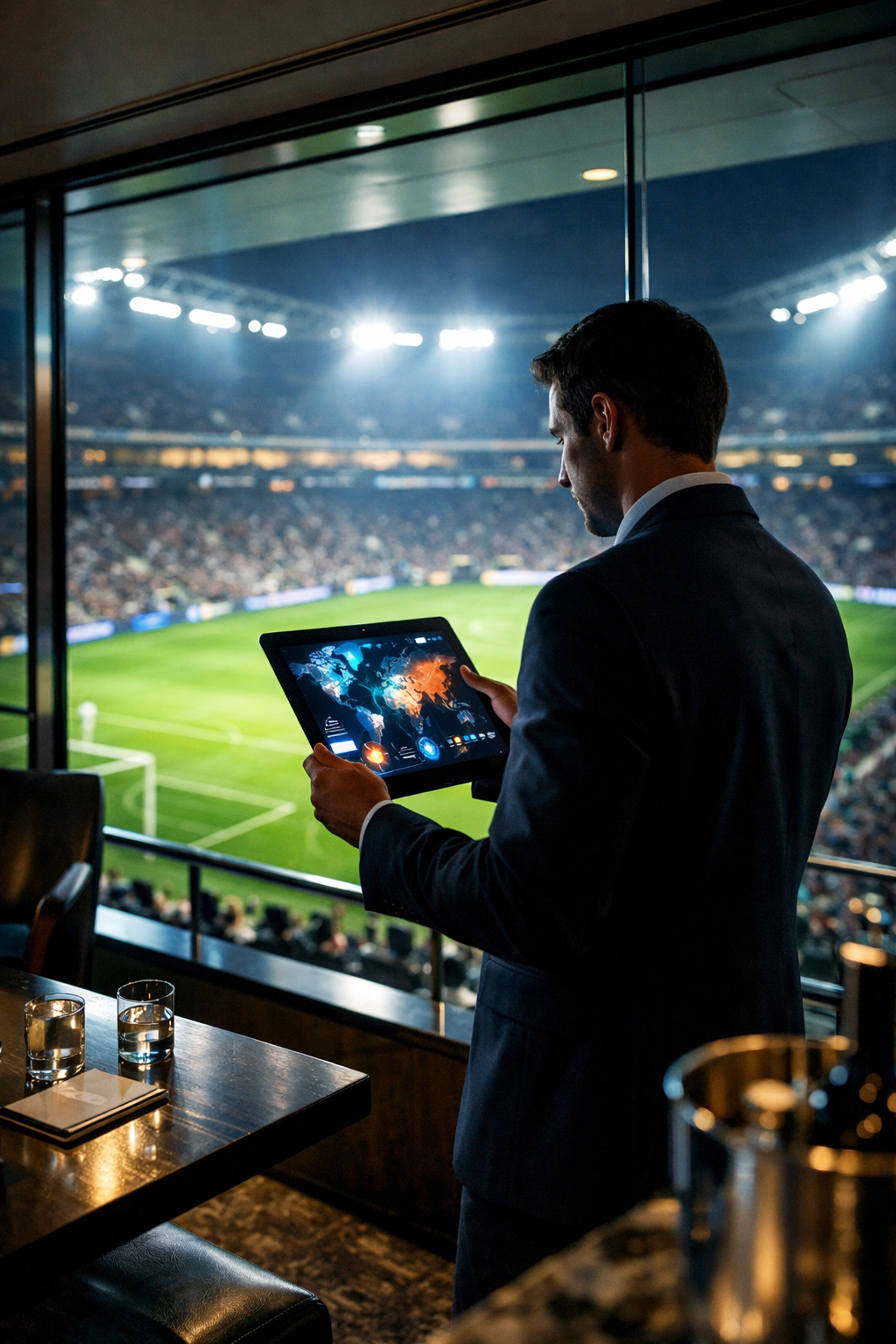 Executive in a stadium suite managing brand visibility during the Super Bowl LX branding blitz.