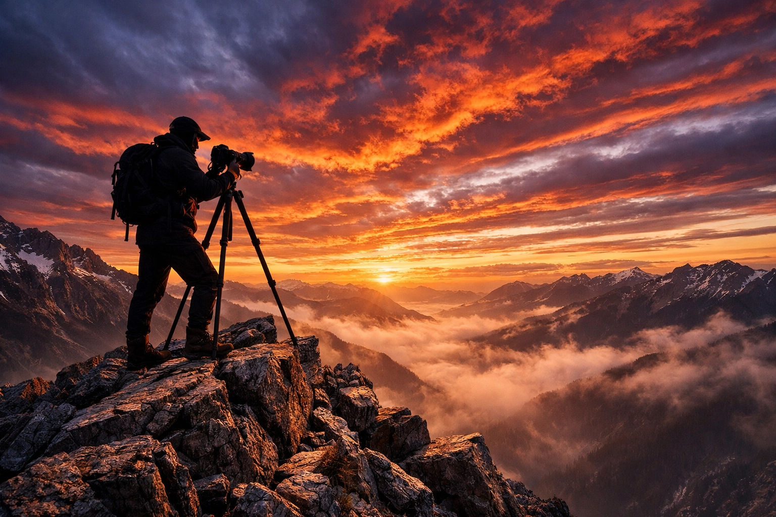 A photographer capturing a sunset from a mountain peak after learning how to use manual mode camera like a pro.