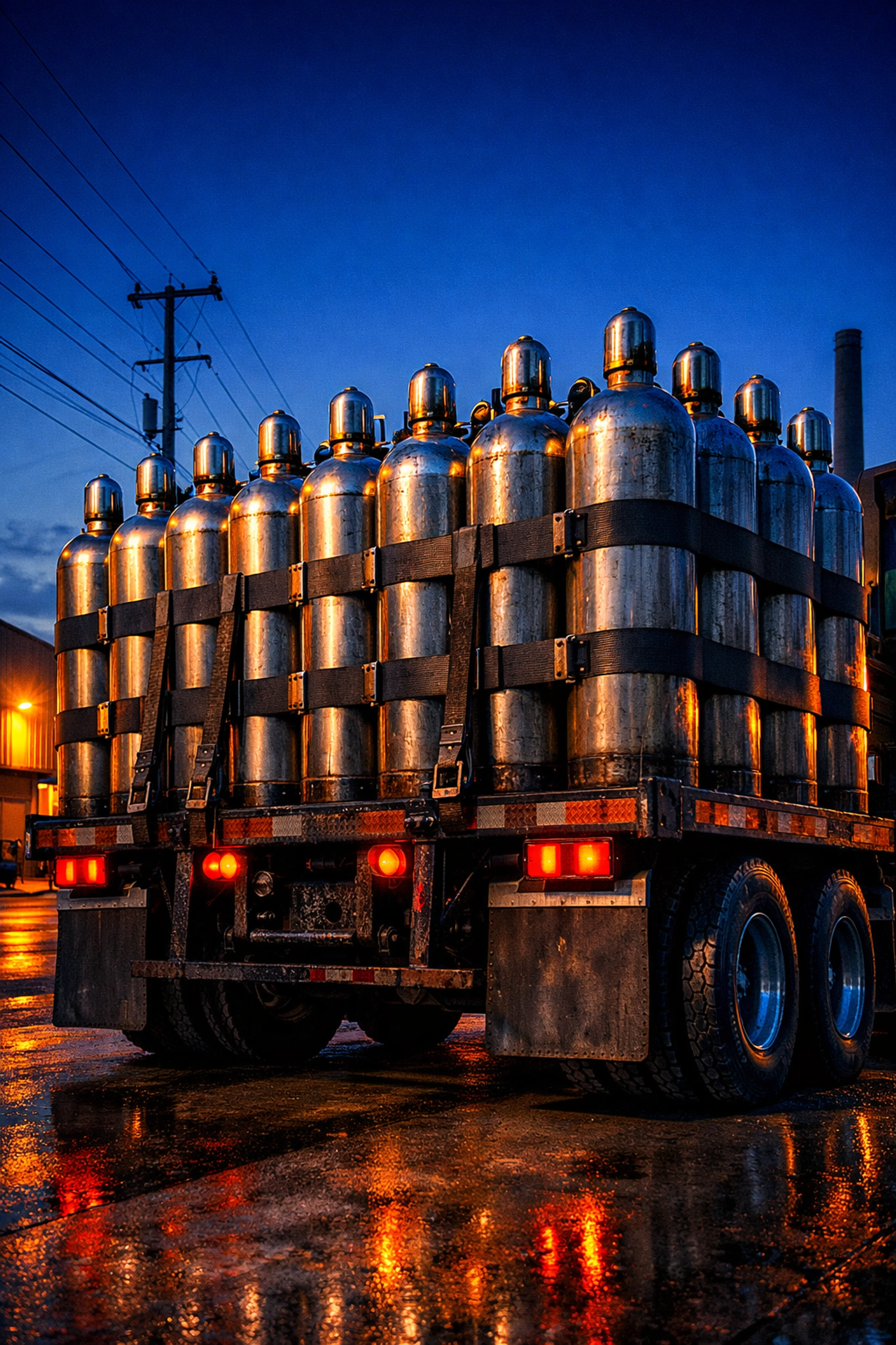 Truck loaded with gas cylinders for welding gas delivery Fort Wayne, ensuring on-time supply