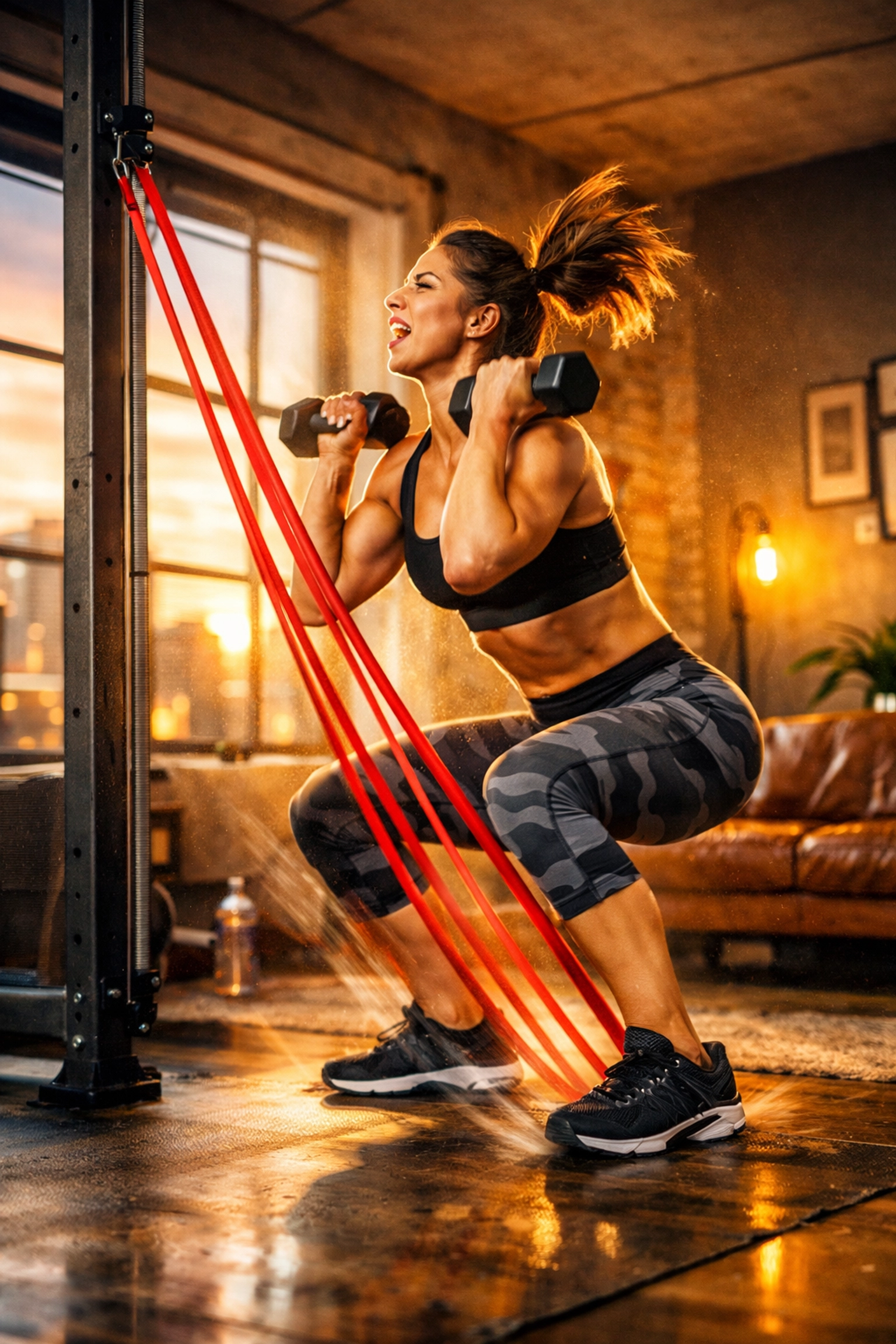 High-intensity banded thrusters performed in a Crossfit home gym using resistance training bands.