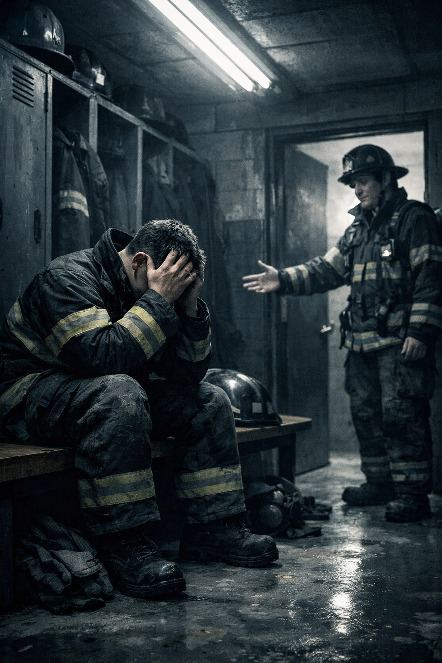 Gay firefighter receiving emotional support from colleague, mental health awareness