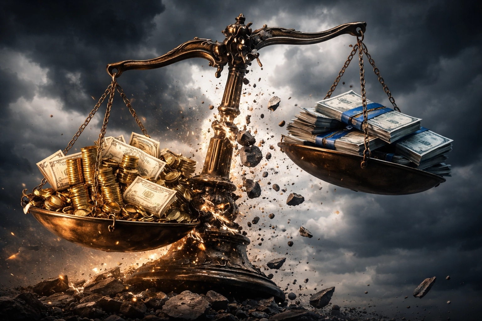 A balanced scale tipping with coins and bonds under stormy skies, symbolizing market volatility and challenges to the 60/40 portfolio model.