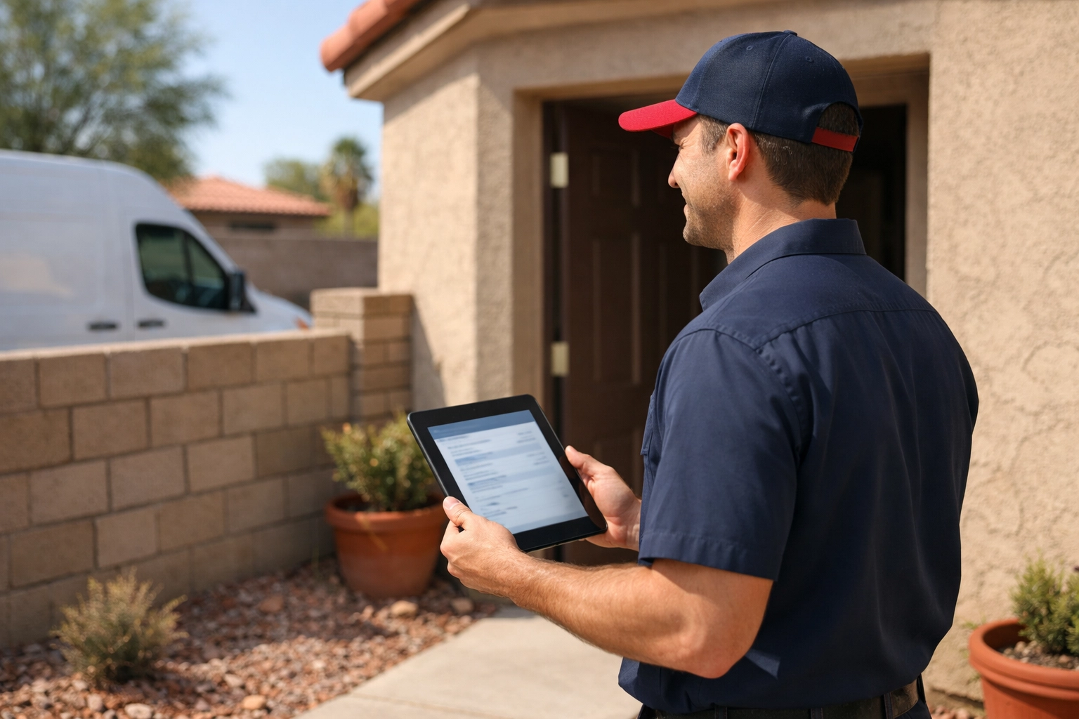 Professional plumber in Tempe, AZ providing a local homeowner with an upfront service estimate.