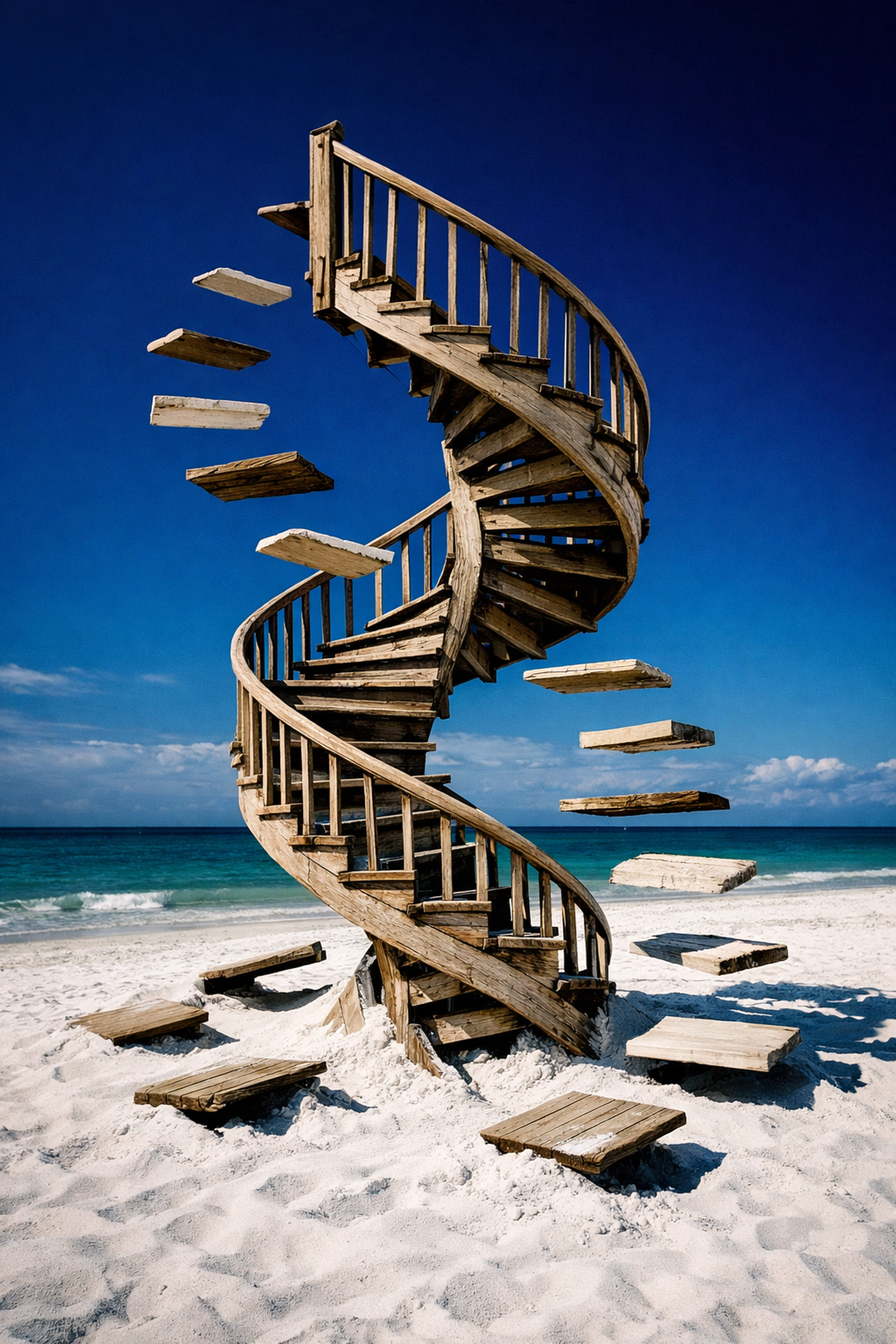 Surreal twisted staircase on a Sarasota beach representing the non-linear stages in the grieving process.