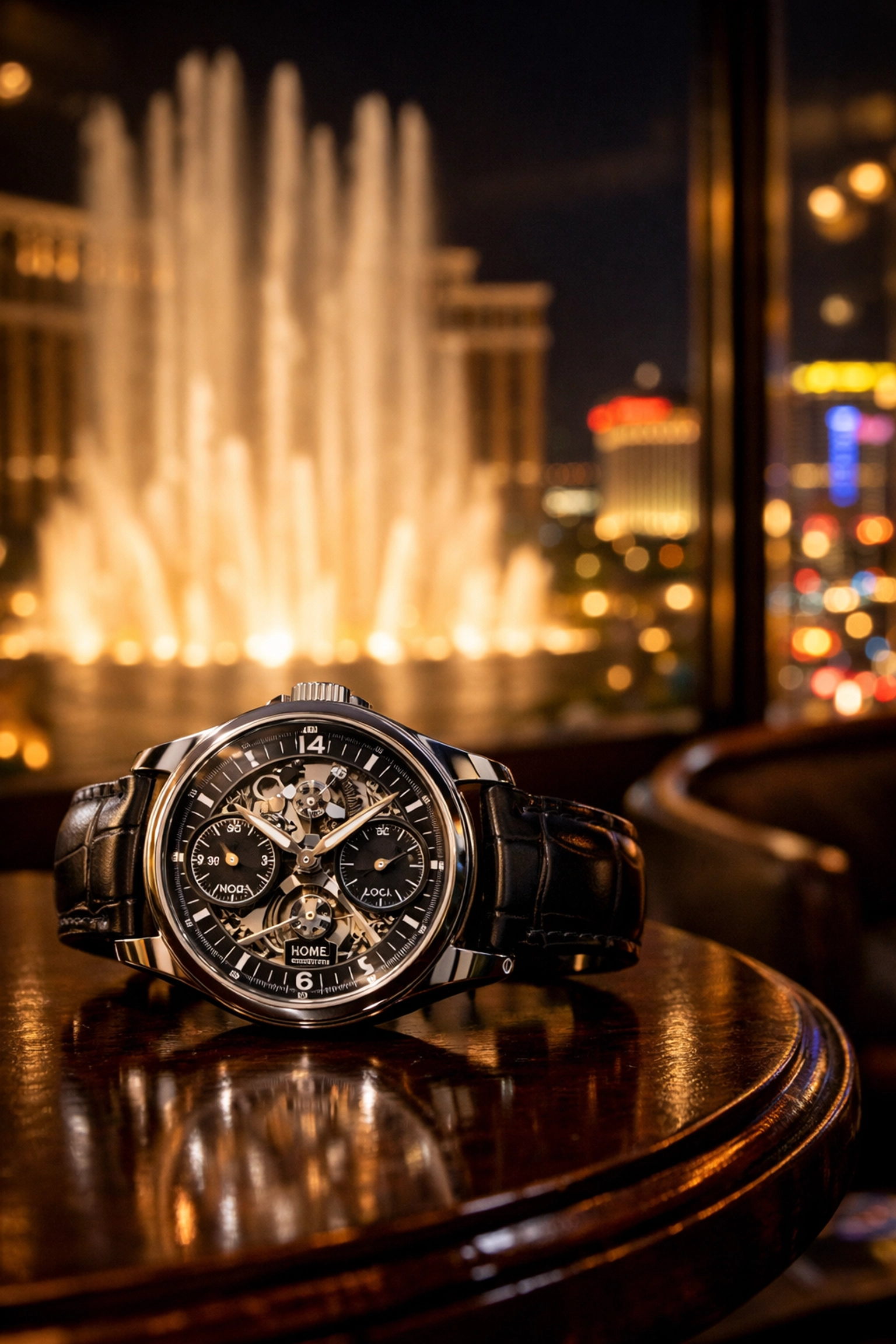 Dual-time zone watch in a Las Vegas hotel room with the Bellagio fountains in the background.