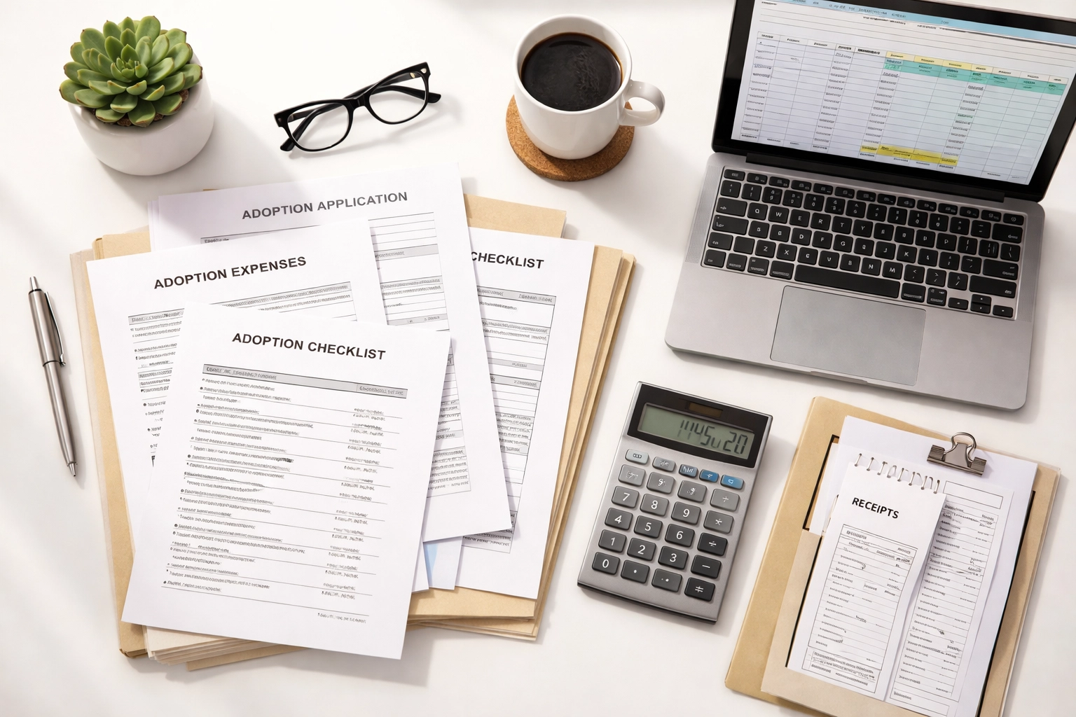 Organized desk with adoption documents and calculator, emphasizing record-keeping for adoption tax credit claims.