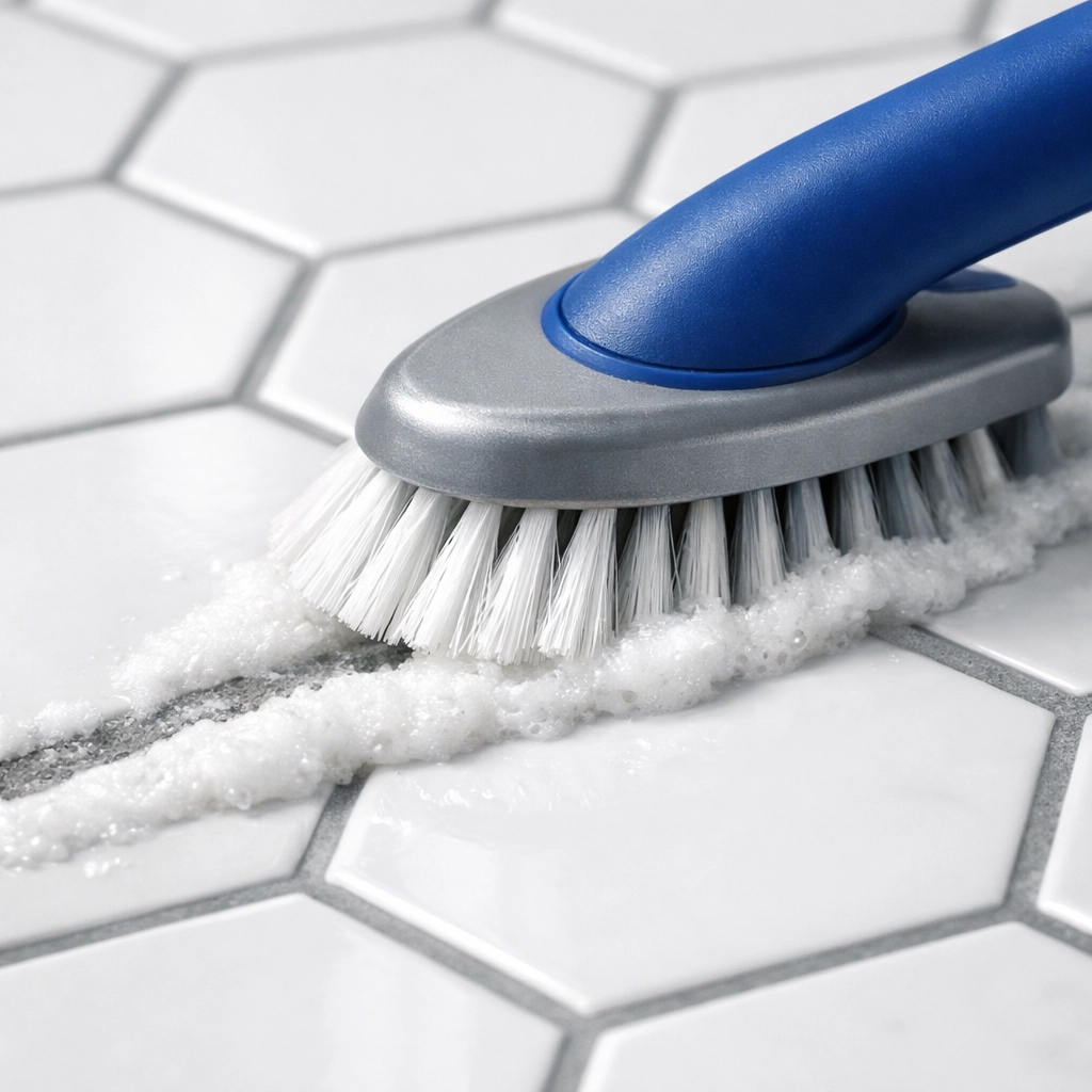 Scrubbing white bathroom tile grout with a cleaning brush and natural baking soda paste.