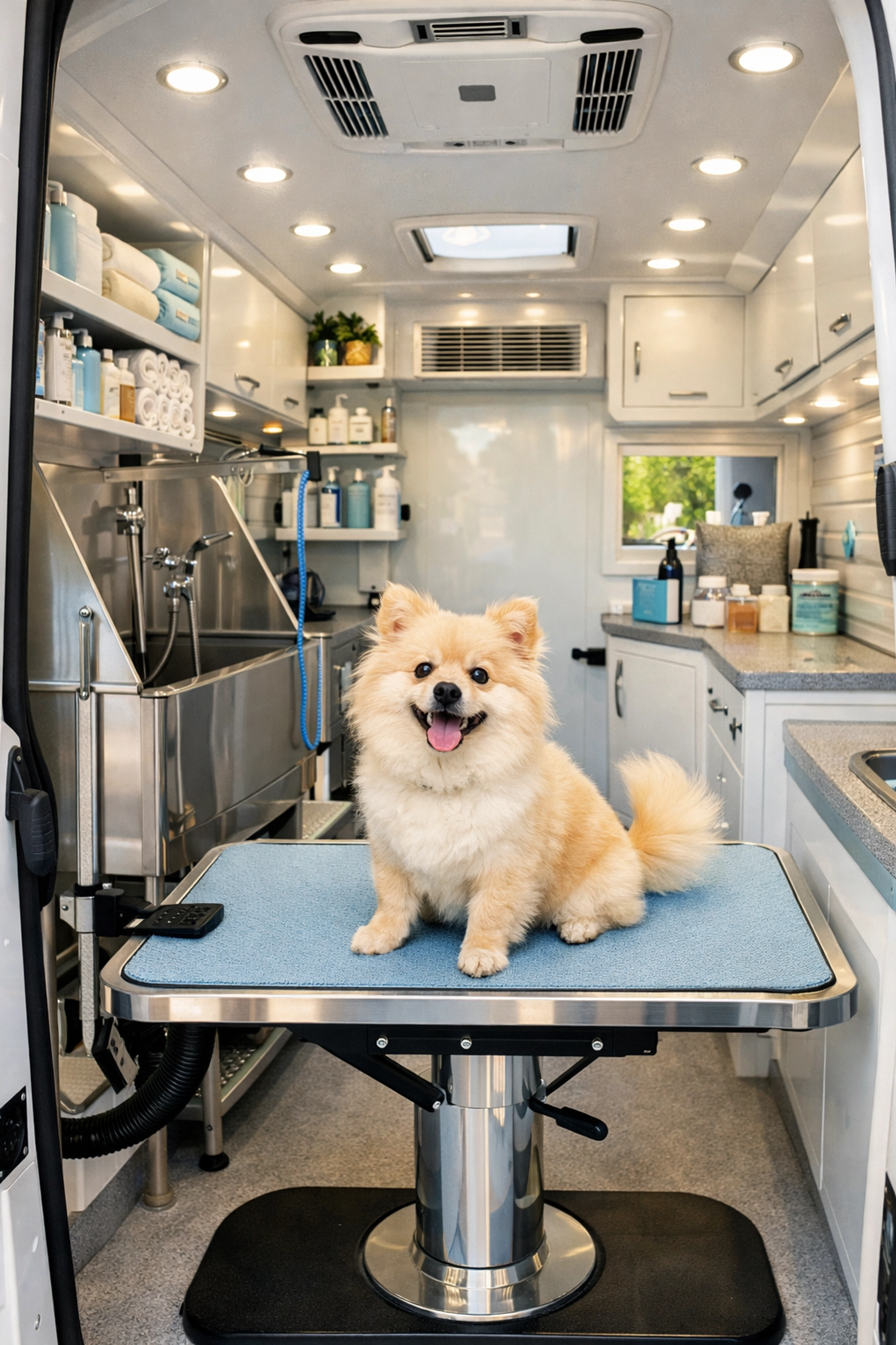 Professional mobile dog grooming van interior showing equipment and happy dog in Hill Country TX
