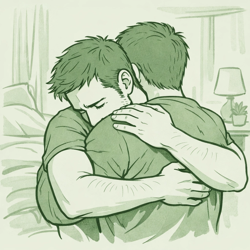 MM couple embracing showing emotional intimacy and healing after confronting online troll