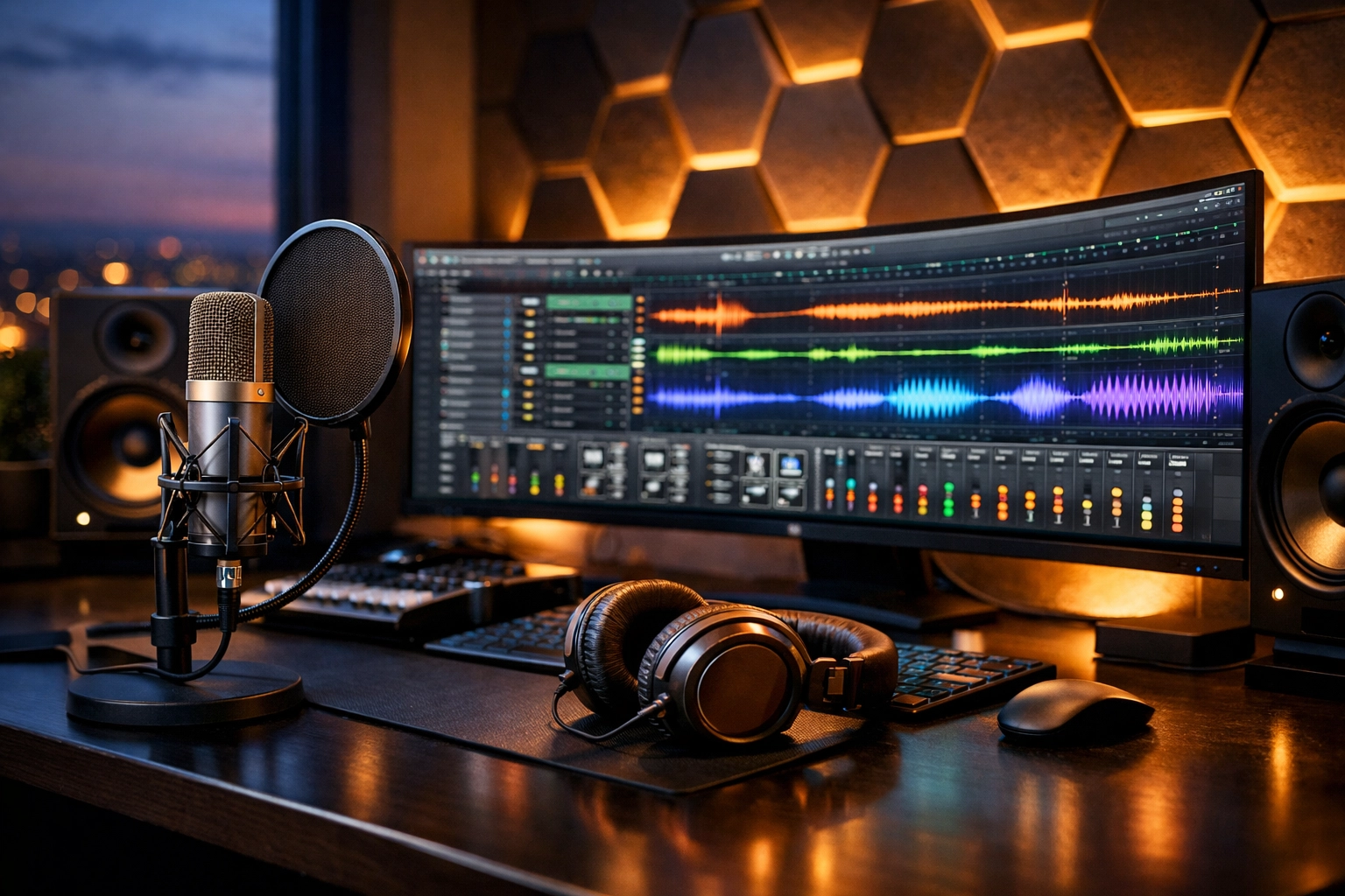 Professional DIY home recording studio setup using AI-assisted music production software for independent artists.