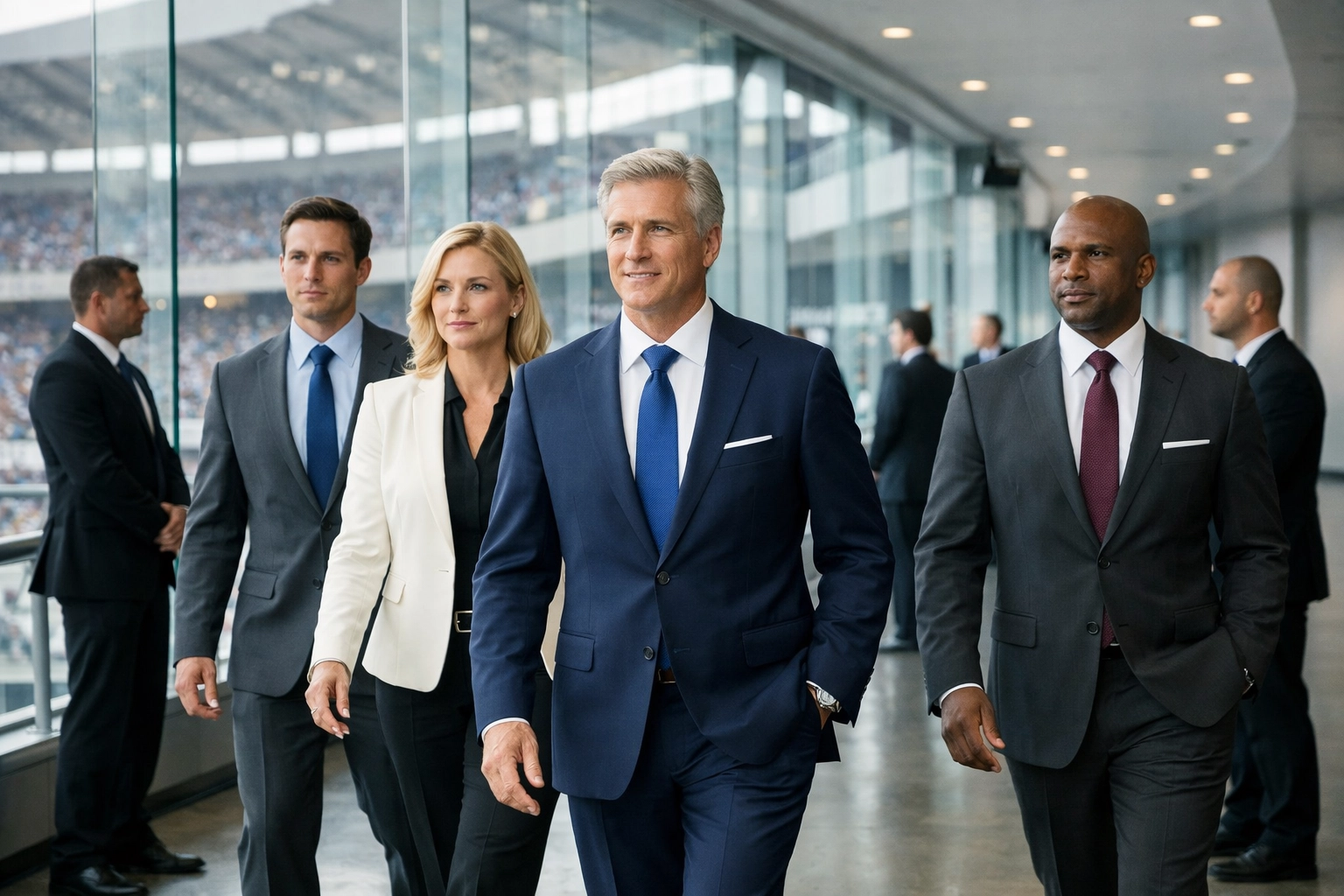 Corporate executives walking with VIP security in a modern stadium for Super Bowl networking events.