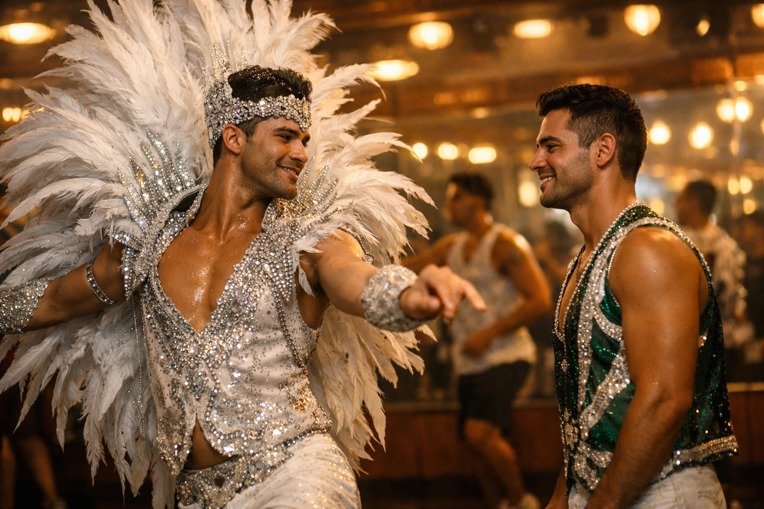 Gay samba dancers rehearsing in feathered costumes at Rio dance school
