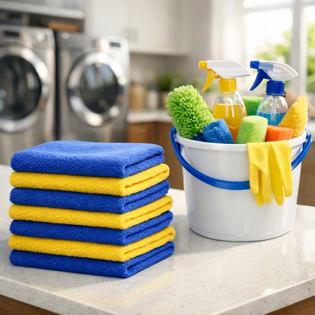 Stack of clean blue and yellow microfiber cloths for professional Weekly House Cleaning in Lynnfield.