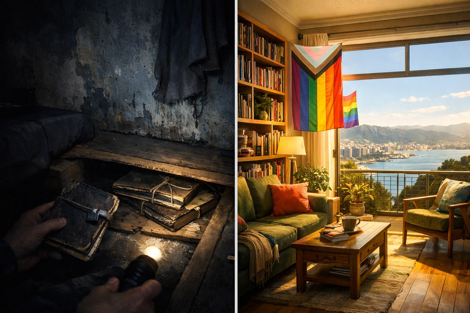 Before and after: shadowy Brunei room versus bright Wellington apartment with rainbow flags showing LGBTQ refugee journey