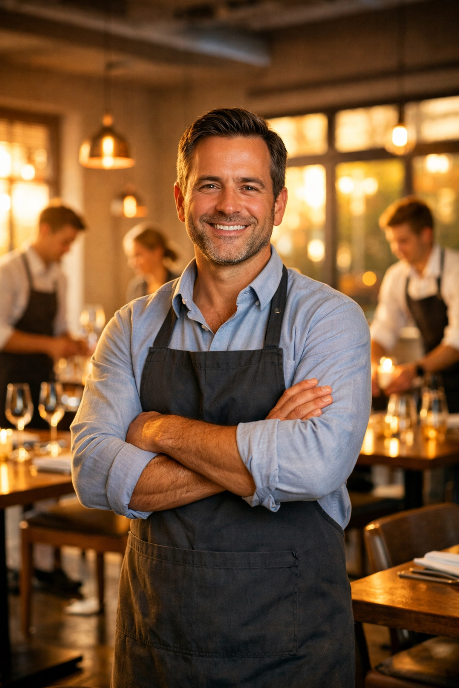 Restaurant owner with team preparing dining room demonstrating business growth and control