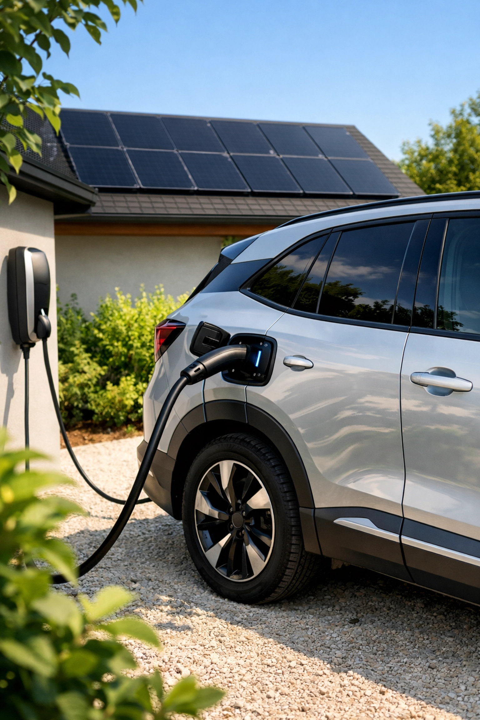 Home EV charger connected to an electric car with solar panels visible on the roof.
