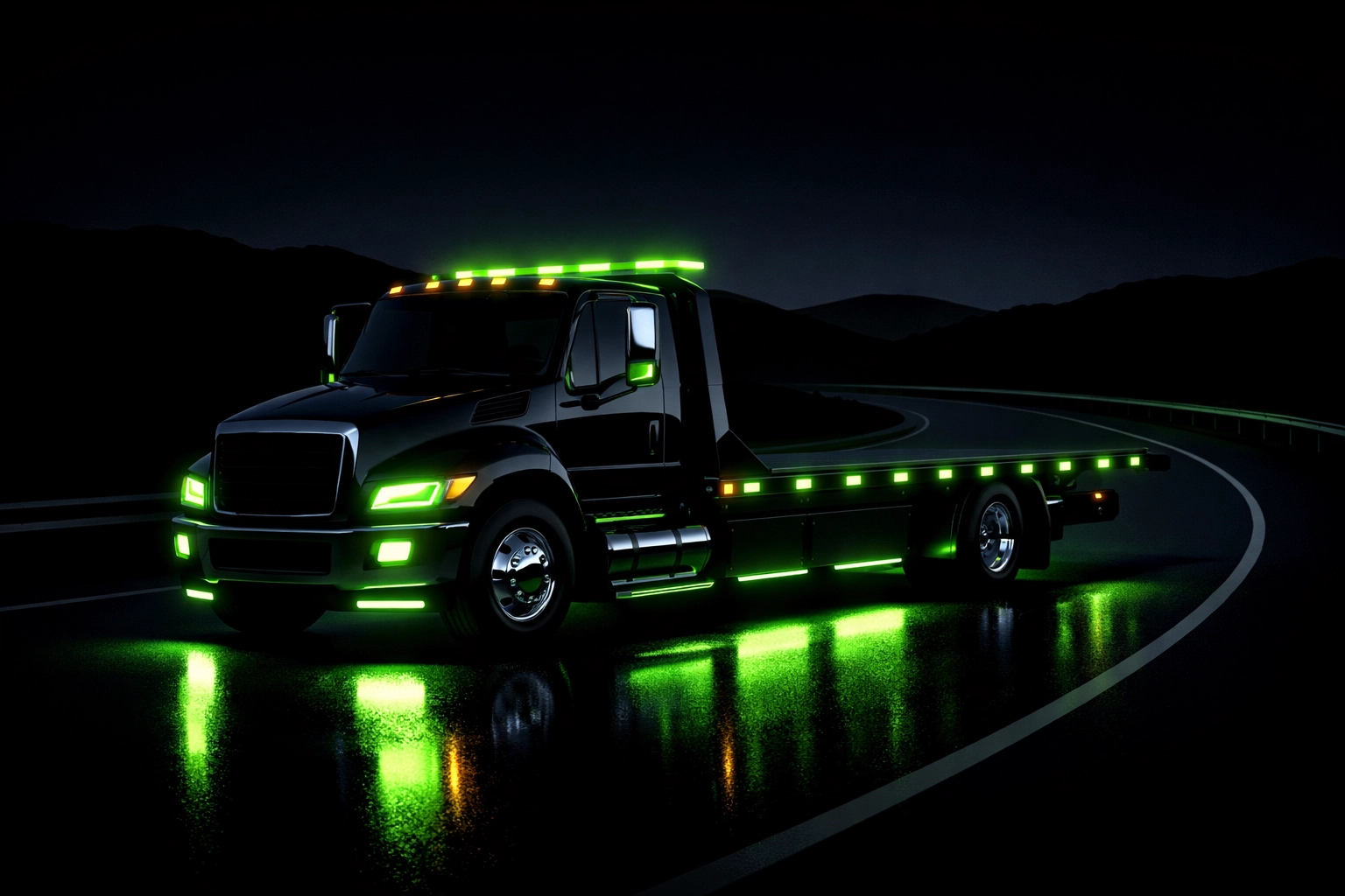 Professional flatbed tow truck on a Miller County Missouri highway at night.