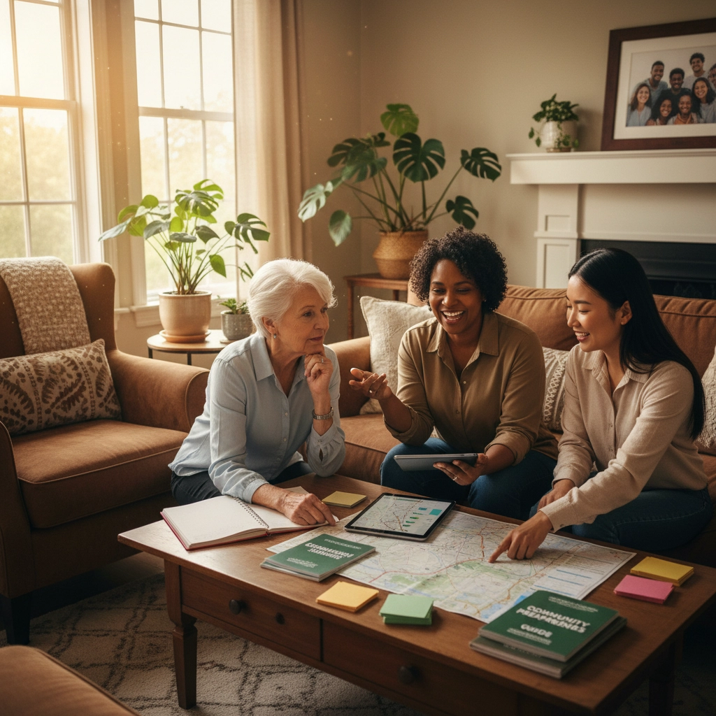 Three women sit in a living room gathered around the coffee table. They are from different generations, smiling and talking while a paper map, some books and a tablet sit on the table in front of them. Smart Survival: Integrating Tech with Traditional Prepping for Single Women