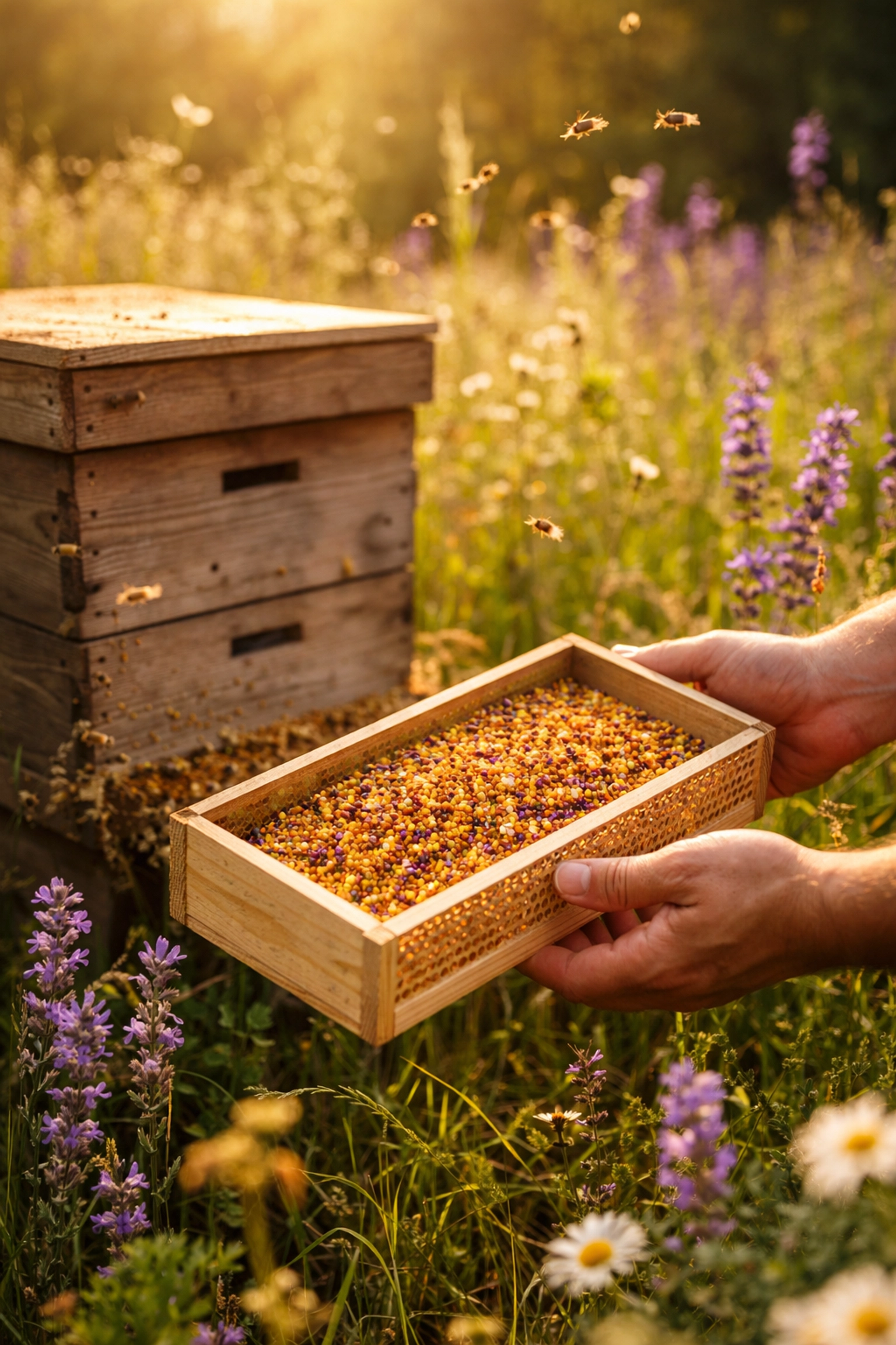 Beekeeper harvesting organic bee pollen from a rustic hive in a sunlit meadow, showcasing raw, natural quality.