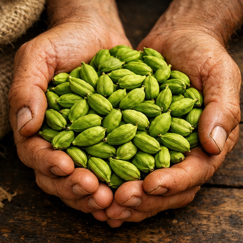 Hand-picked Alleppey Bold green cardamom pods showing the quality of Indian spices online.