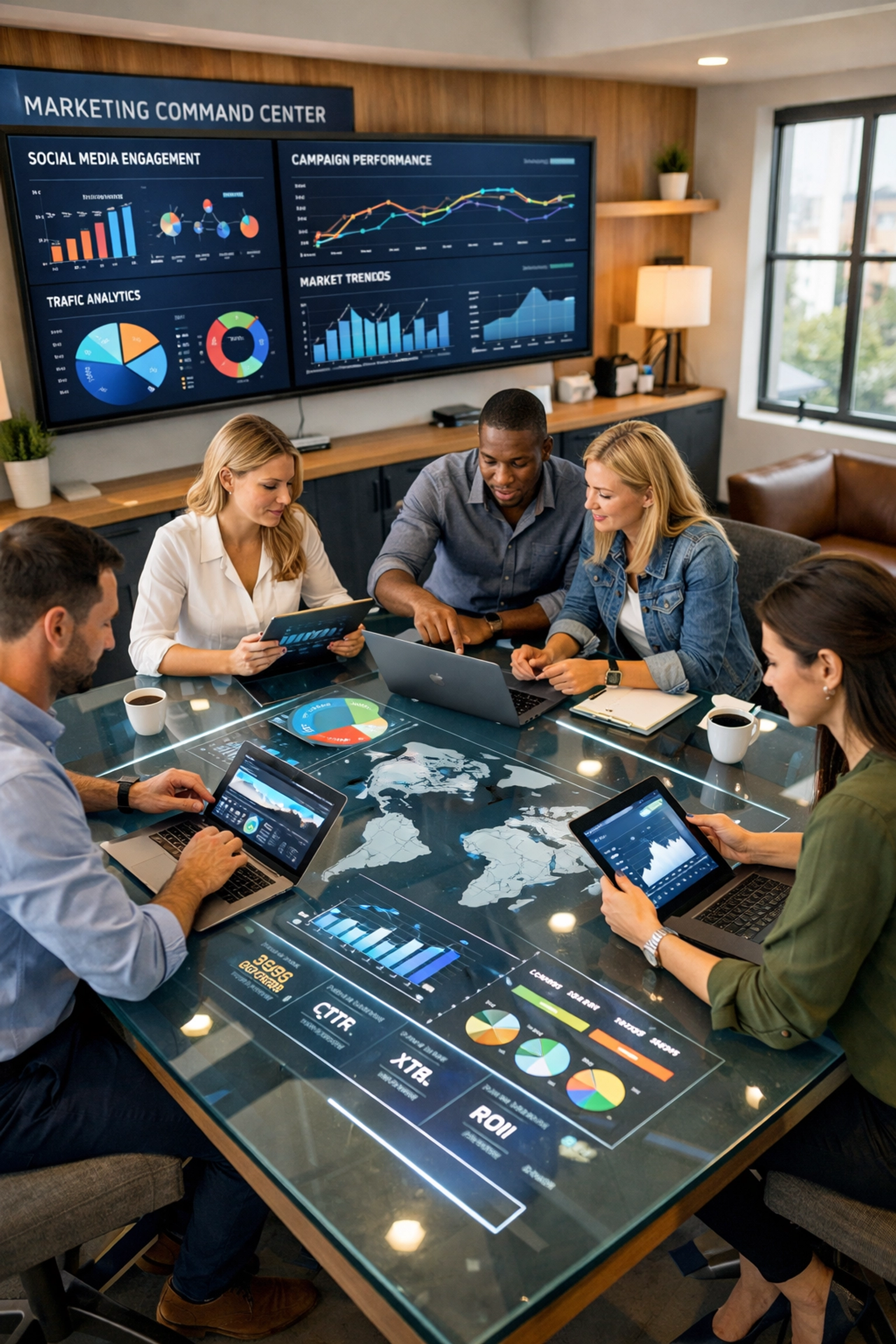 Marketing professionals collaborating in a modern command center on real-time Super Bowl brand strategies.