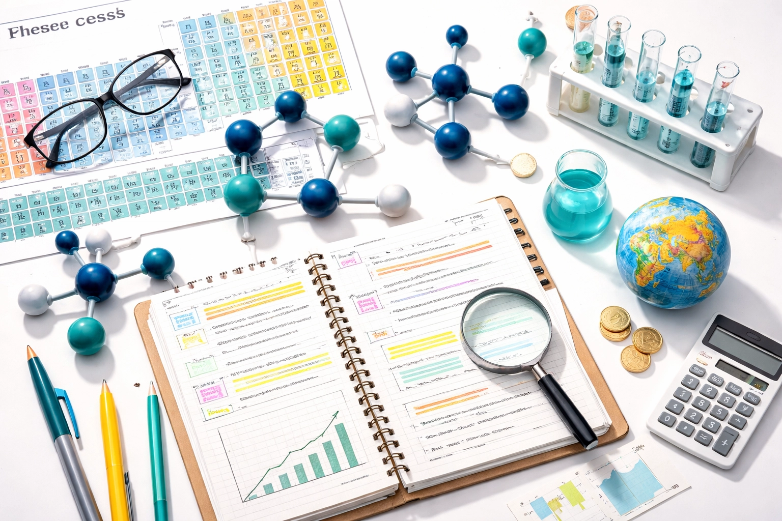 Chemistry career success represented with periodic table, globe, molecular models, and revision notes