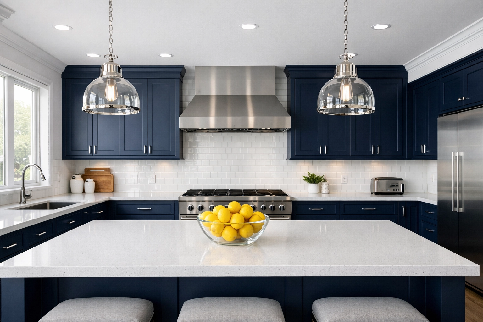 A sparkling clean luxury kitchen with navy cabinets and fresh lemons, showing professional cleaning results.