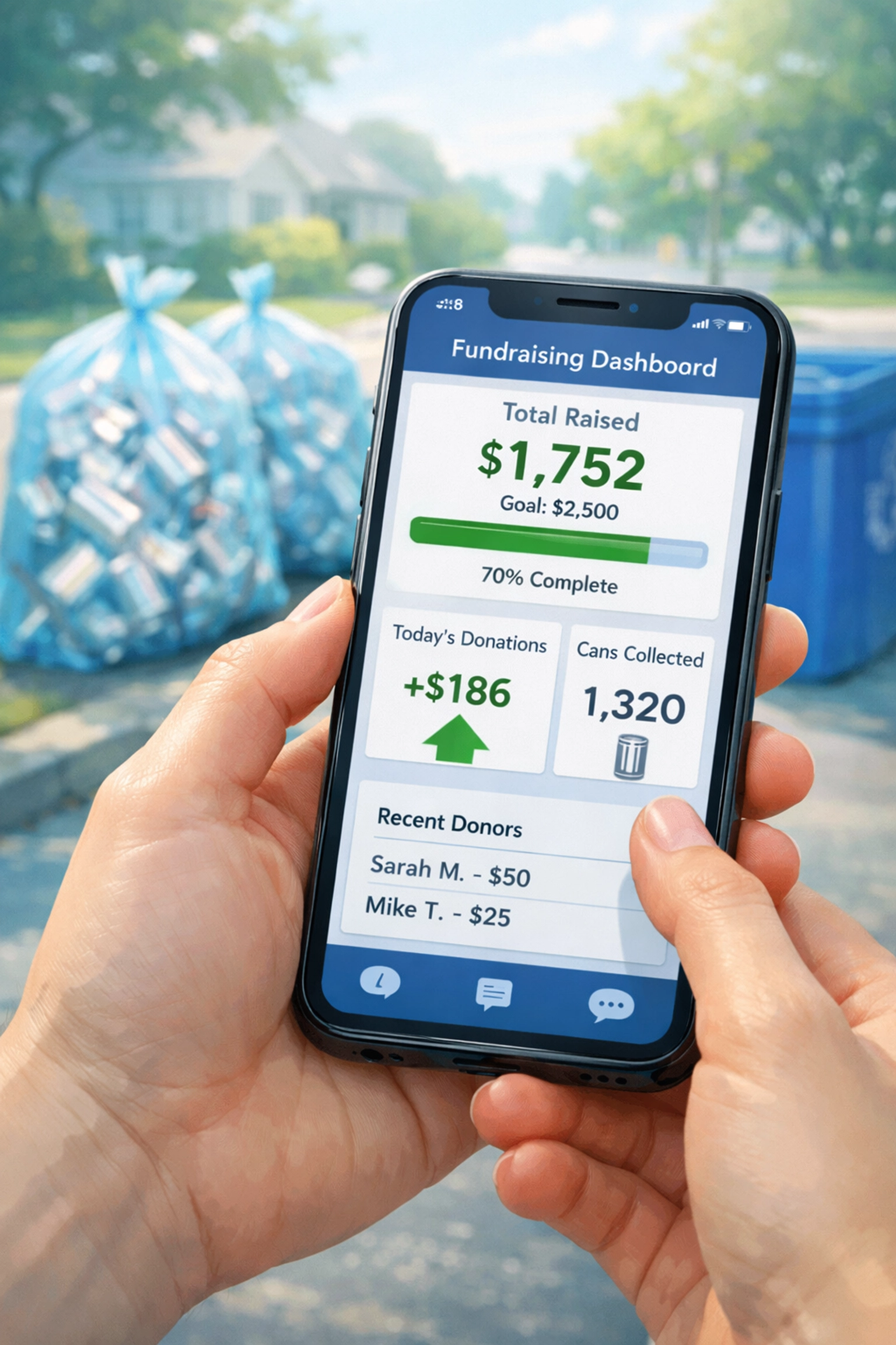 Smartphone displaying fundraising dashboard tracking aluminum can donations for recycling pickup