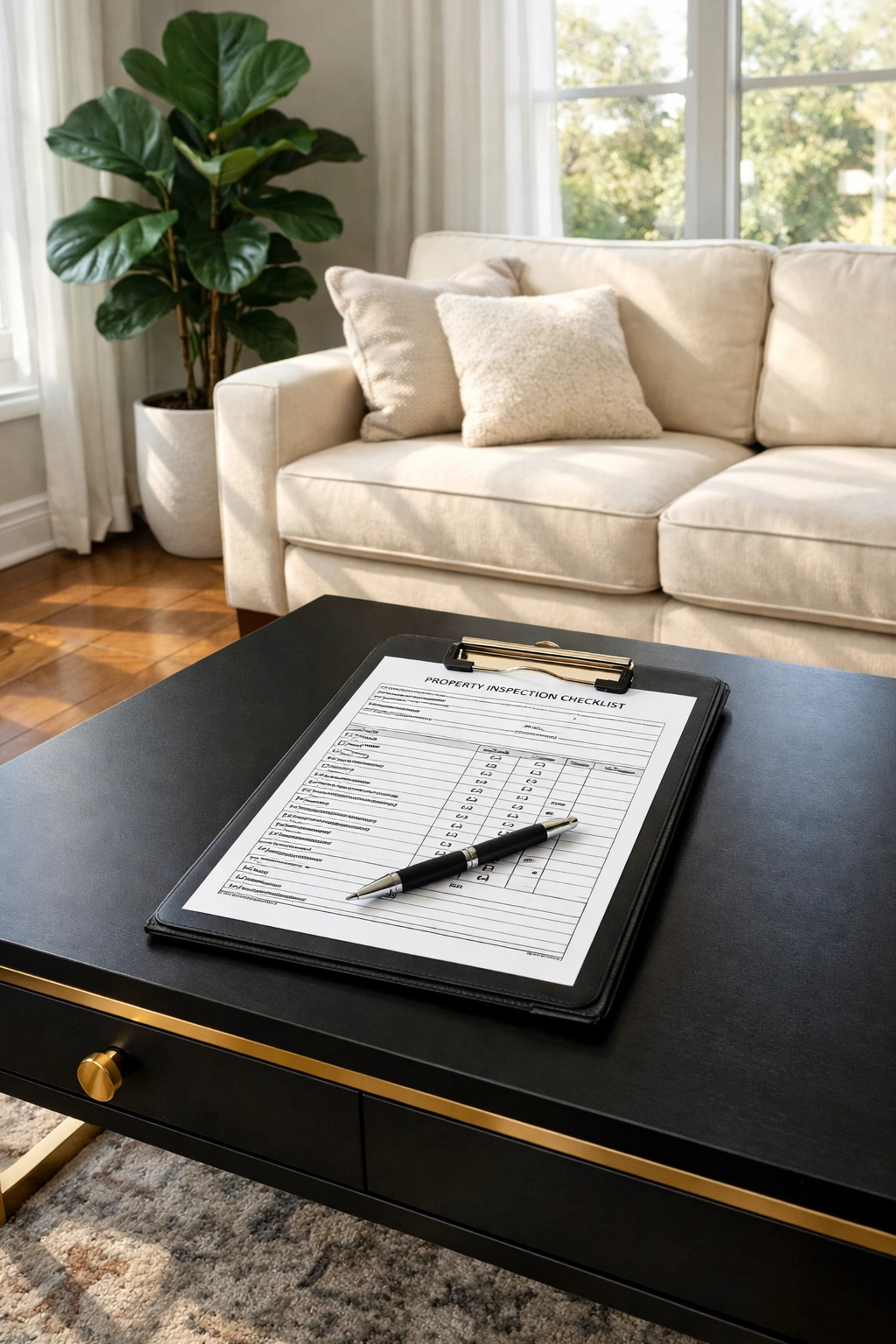 Professional property inventory check-in inspection with documentation in rental living room