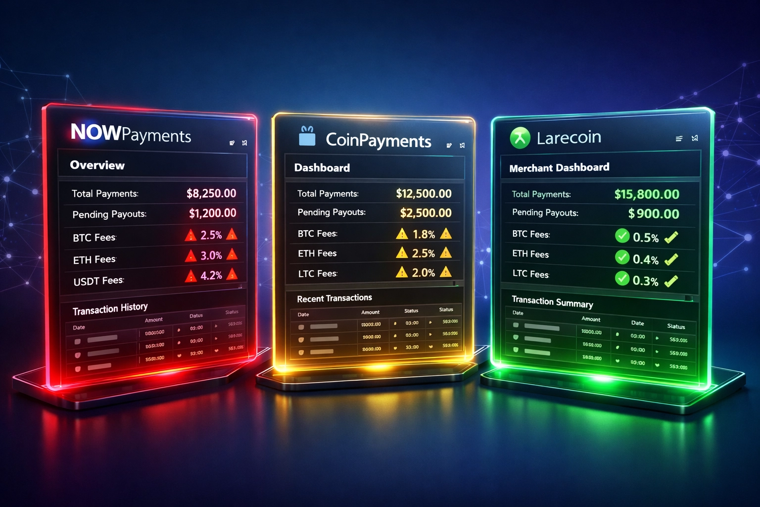 Comparison dashboard showing NOWPayments, CoinPayments, and Larecoin crypto payment processor fees