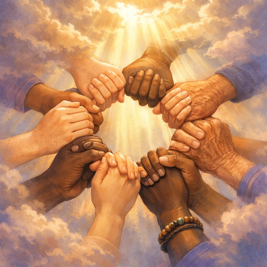 Hands joined in prayer circle with light breaking through symbolizing unity and strength