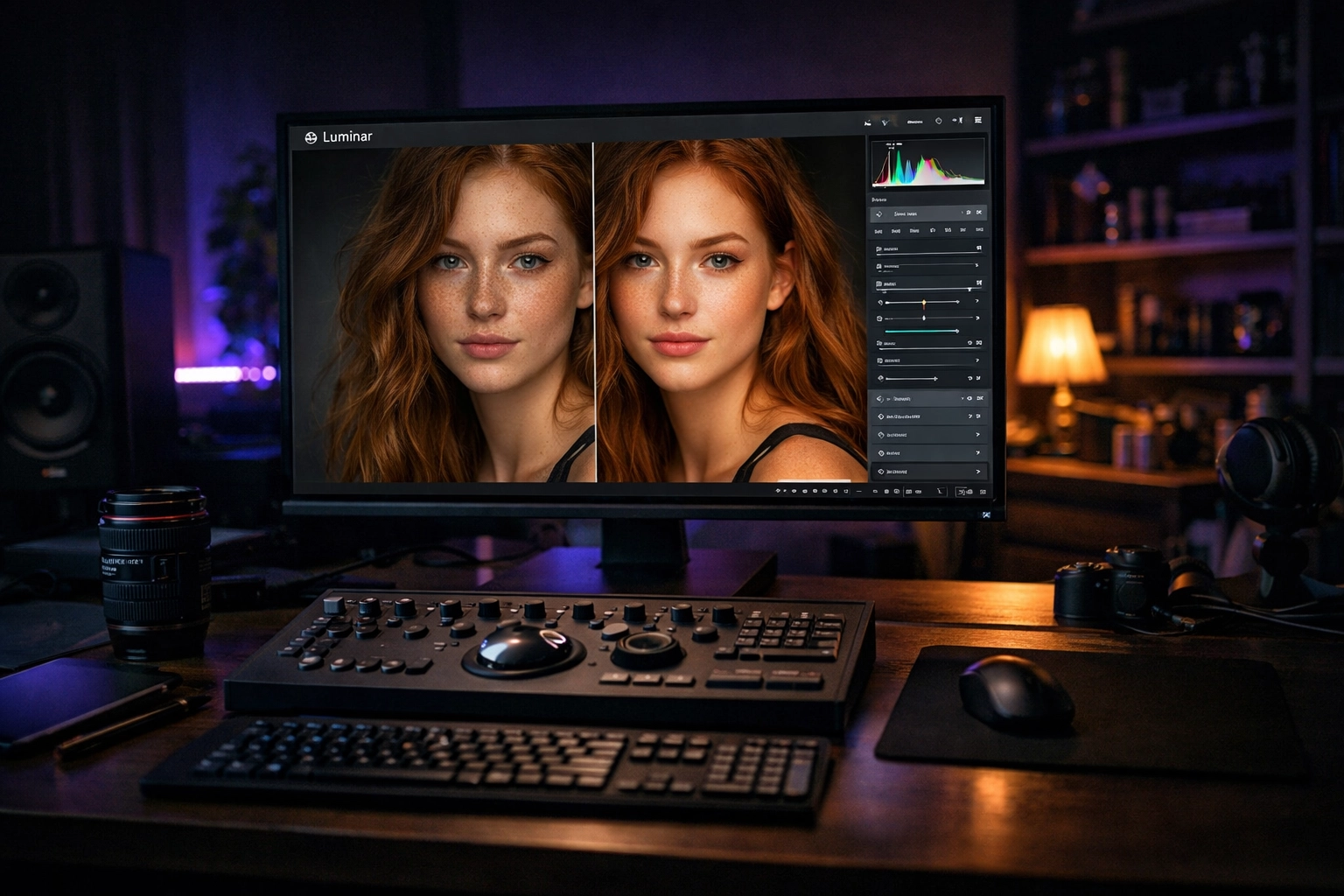 Editing suite monitor displaying skin tone adjustments and portrait photography techniques.