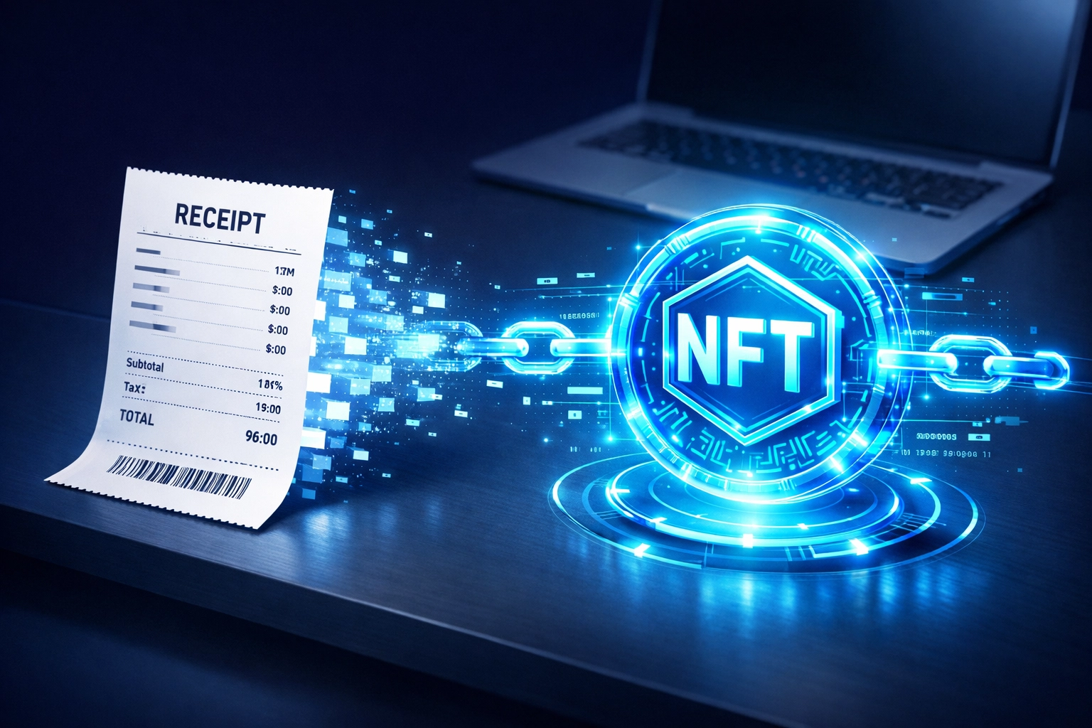 Digital receipt transforming into NFT blockchain token for automated accounting and tax compliance