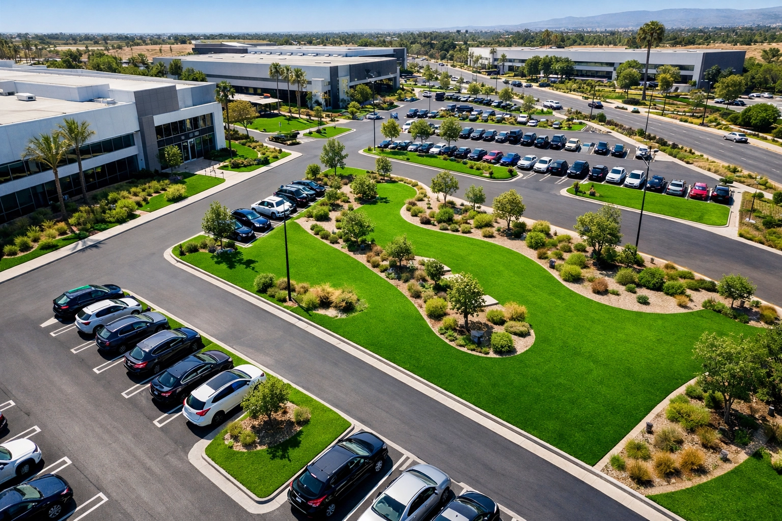 Aerial view of commercial property with artificial turf in medians and landscape zones in California