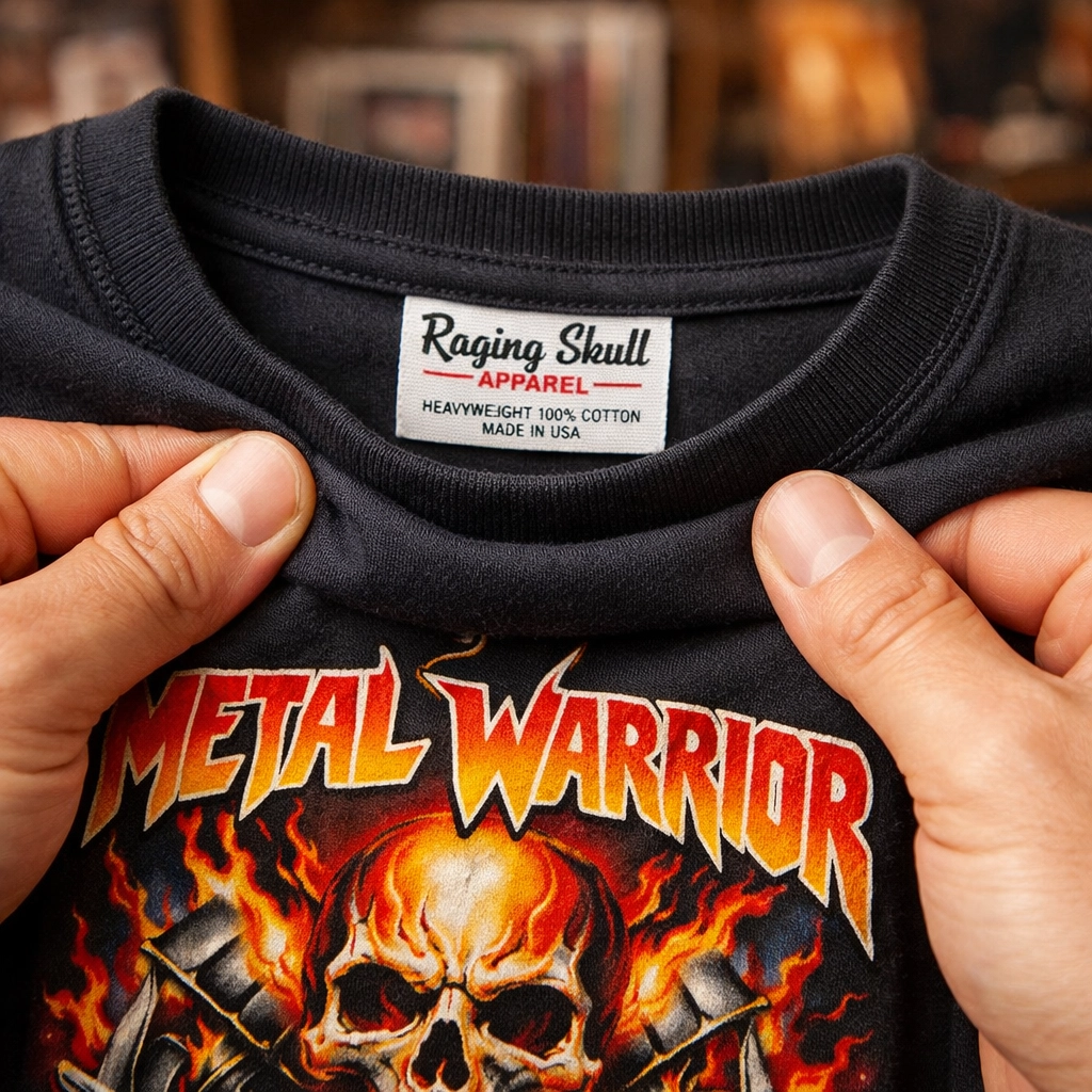 Hands holding premium weight officially licensed band t-shirt demonstrating sustainable music merch quality