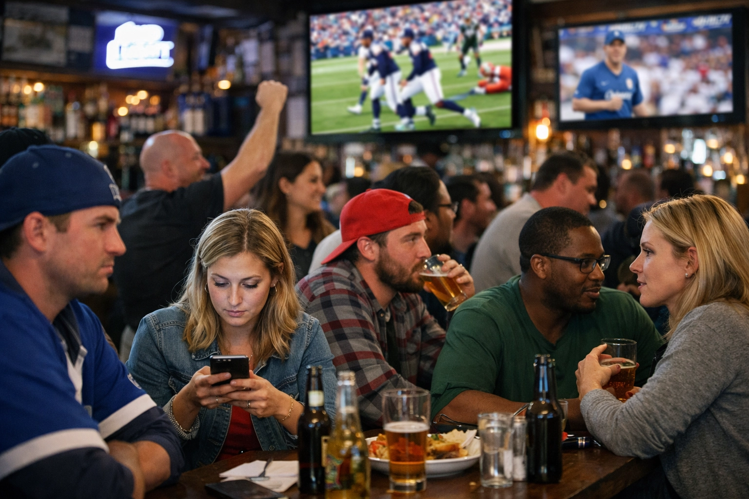 Distracted viewers in sports bar during Super Bowl highlighting fragmented audience attention