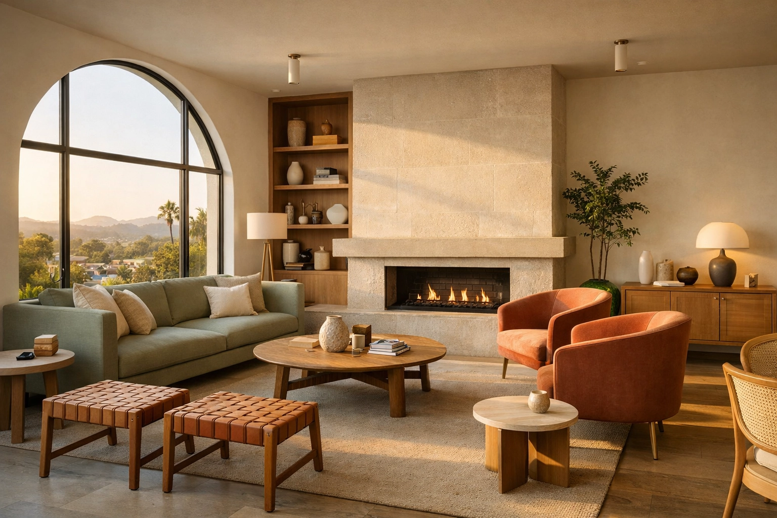 Sophisticated boutique hotel lounge design with mid-century modern furniture and natural lighting.