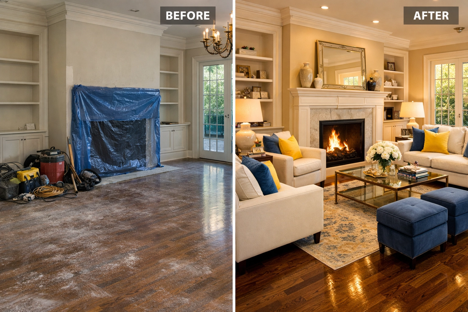 Before and after comparison of a living room restored by professional post-construction cleaning MA.