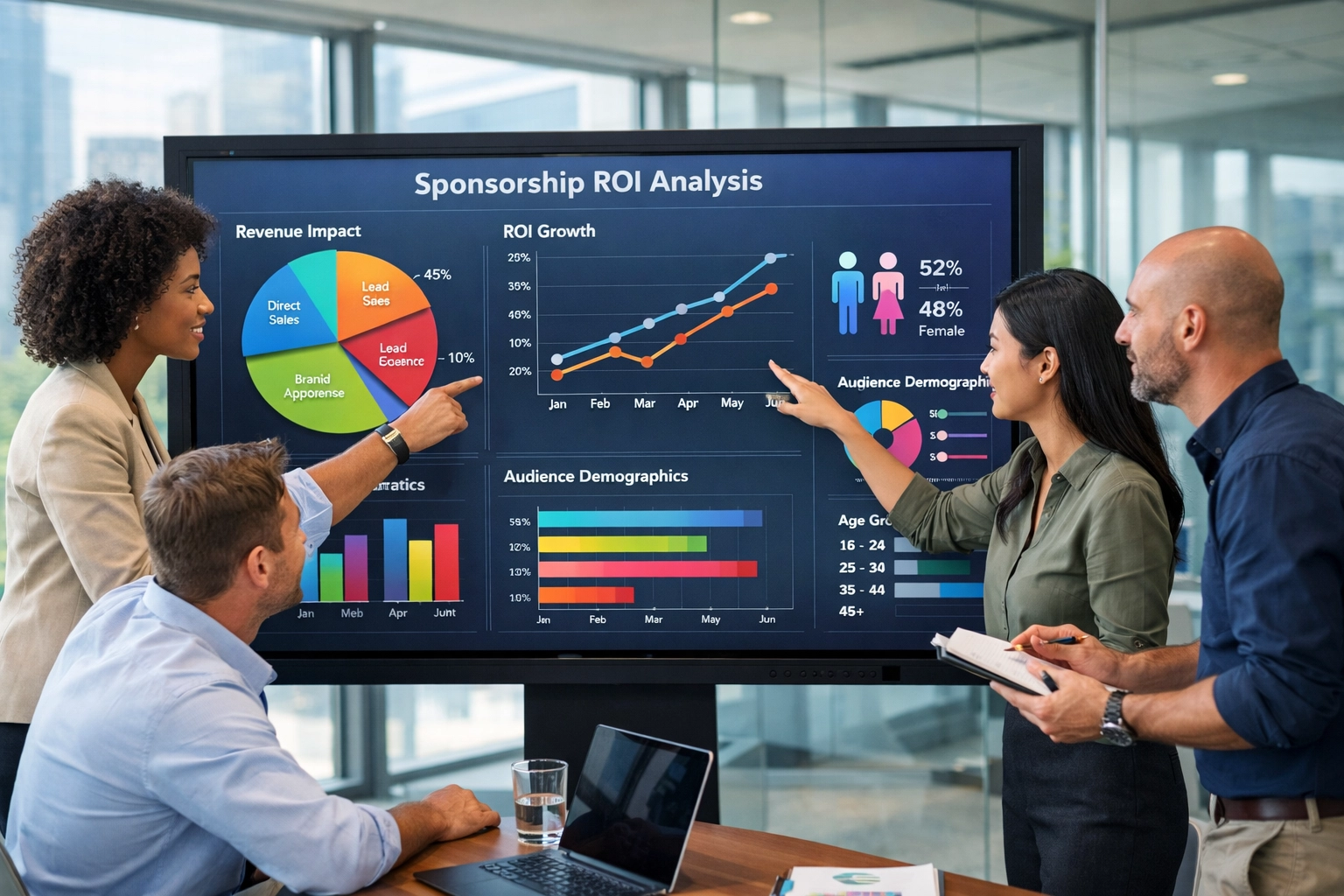 Sports marketing team analyzing sponsorship ROI data and fan engagement metrics