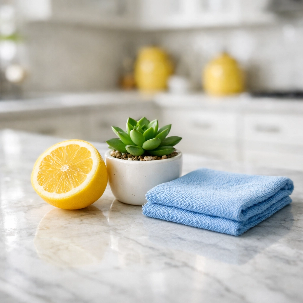 Pristine kitchen island with eco-friendly cleaning materials and fresh lemon in a Mashpee home.