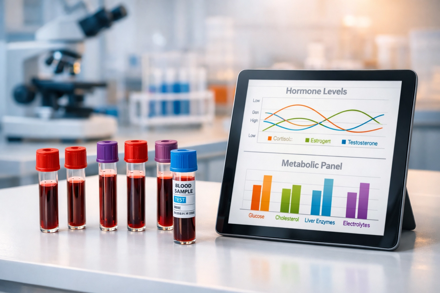 Diagnostic lab testing vials and metabolic health data for medical weight loss assessment