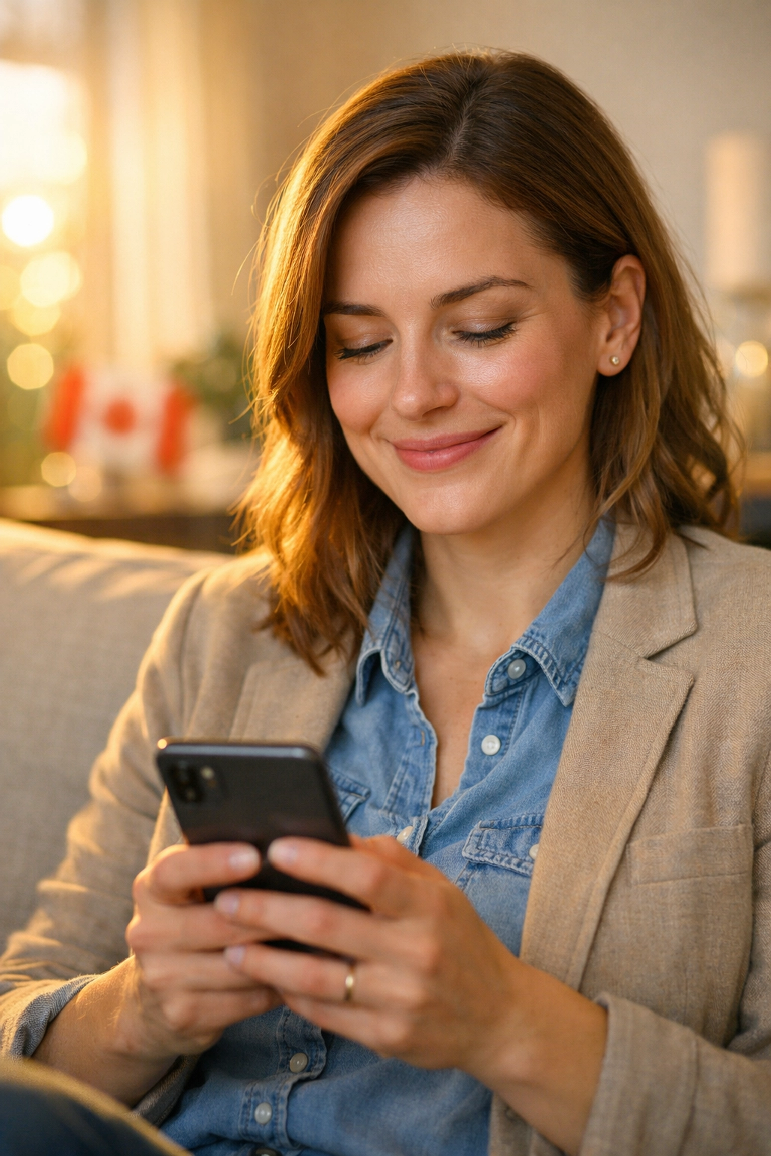 Relieved person successfully applying for a bad credit loan Canada on their smartphone.