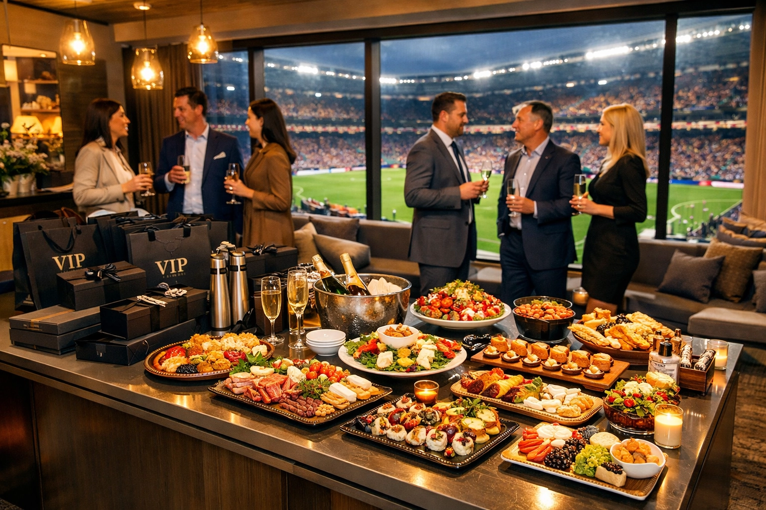 The Executive's Guide to Super Bowl Corporate Travel: How to Turn Premium Sporting Events Into Business ROI Corporate hospitality suite at stadium with executives networking during sporting event