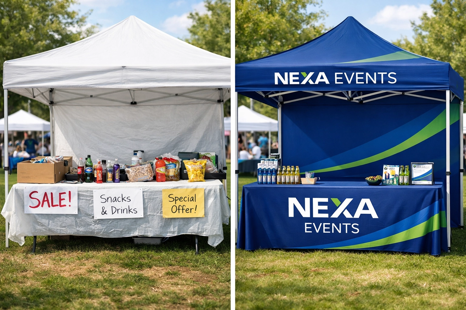 Comparison of unprofessional plain booth versus professional custom branded event booth