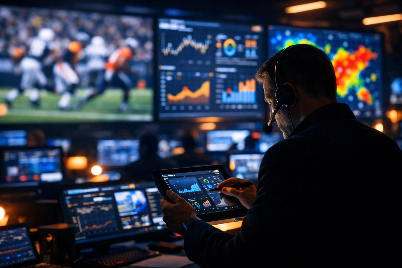 A high-tech sports media command center monitoring real-time analytics and social media trends during a game.